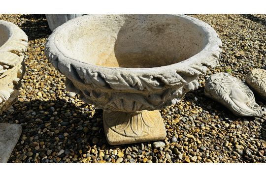 A PAIR OF LARGE SHALLOW BOWL STONEWORK PEDESTAL GARDEN PLANTERS WITH RELIEF FOLIATE DESIGN, - Image 2 of 5