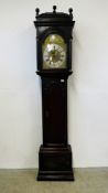ANTIQUE OAK LONG CASE CLOCK, THE BRASSED ARCHED DIAL INSCRIBED COOPER & HEDGE COLCHESTER,