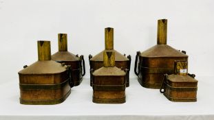 A SET OF SIX SQUARE COPPER AND BRASS VINTAGE STANDARD WORKING LIQUID CAPACITY MEASURES ENGRAVED