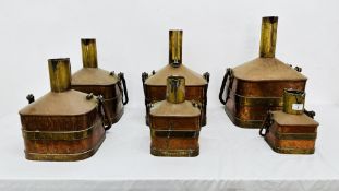 A SET OF SIX SQUARE COPPER AND BRASS VINTAGE STANDARD WORKING LIQUID CAPACITY MEASURES ENGRAVED