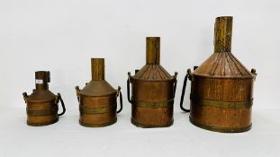 A SET OF FOUR CYLINDRICAL BRASS AND COPPER LIQUID WORKING CAPACITY MEASURES ENGRAVED