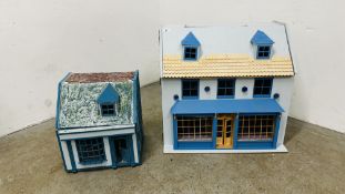 A MODERN HAND CRAFTED THREE STOREY DOLLS HOUSE W 73 X D 38 X H 70CM + A SIMILAR TWO STOREY EXAMPLE