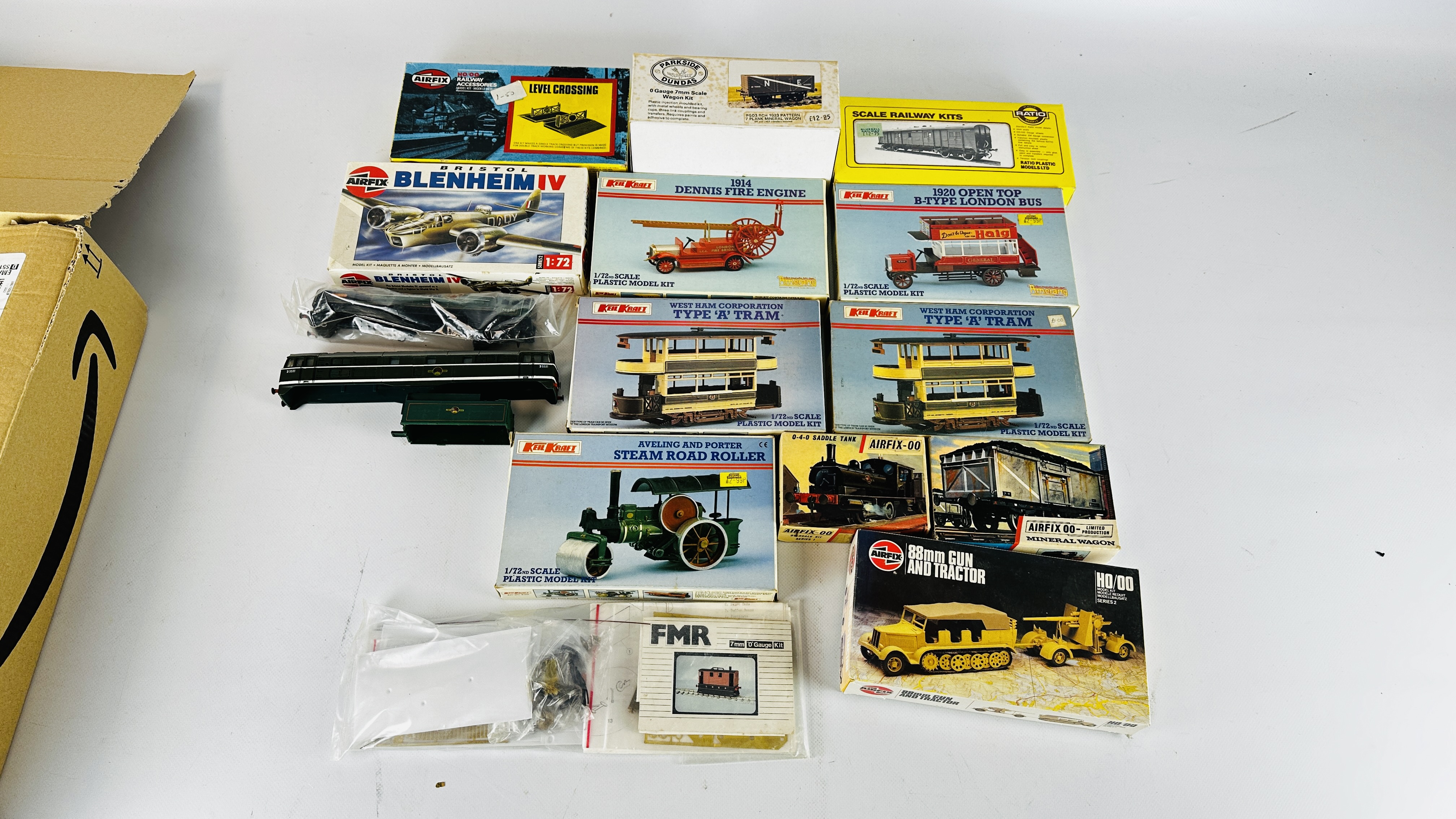 A BOX CONTAINING MODEL RAILWAY RELATED KITS INCLUDING AIRFIX, KEILKRAFT, RATIO MODELS, PARKSIDE,