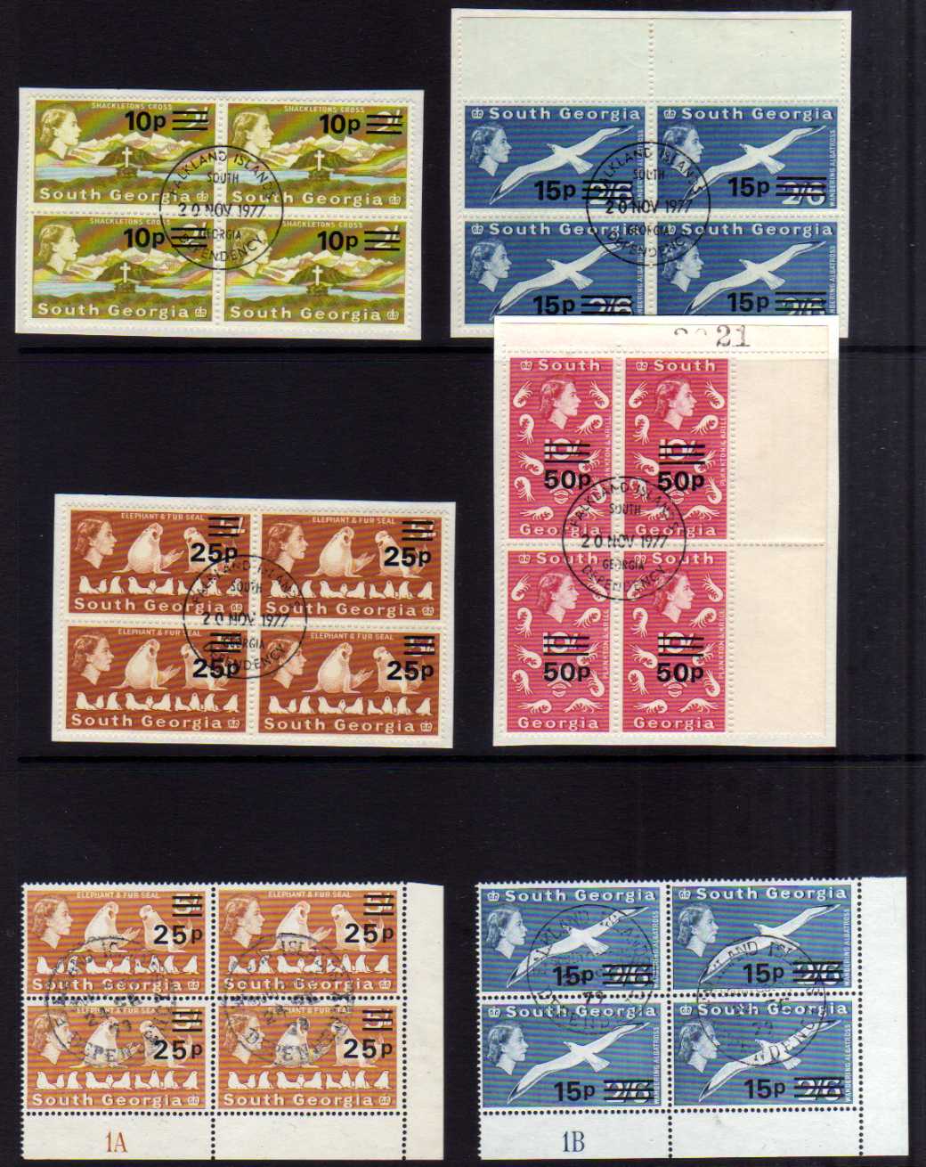 SOUTH GEORGIA: 1971 ORIGINAL SET OF FOURTEEN EACH VALUE IN CDS USED BLOCKS OF FOUR ON PIECES,