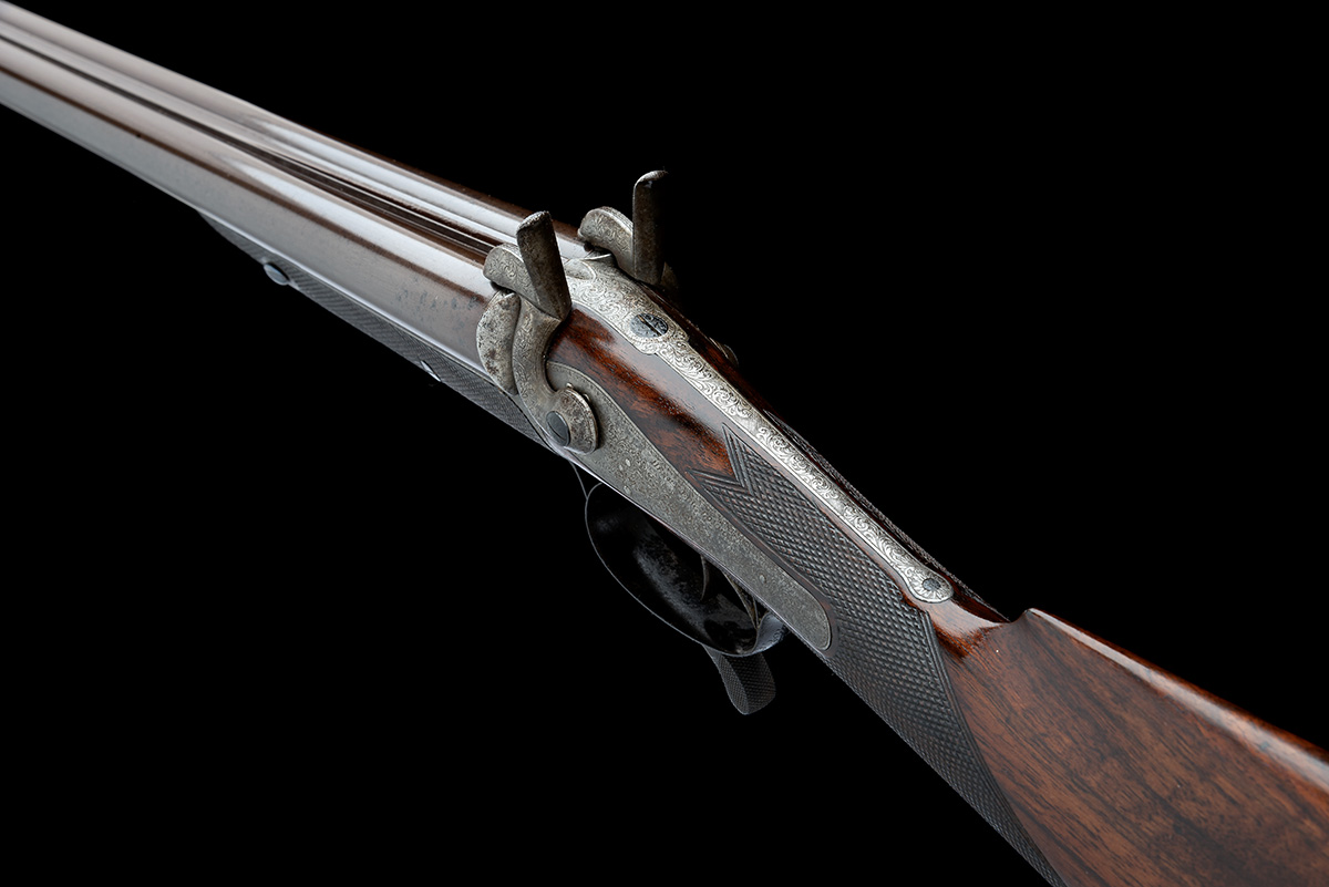 A 12-BORE PINFIRE A. ELVINS PATENT SLIDE-FORWARD DOUBLE-BARRELLED SPORTING GUN SIGNED HENRY EGG, - Image 5 of 9