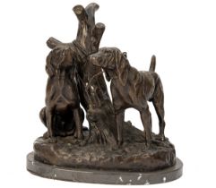A BRONZE SCULPTURE OF 'HUNTING DOGS', two hounds tethered to a tree, mounted on a marble plinth,