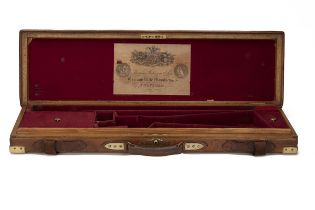 THOMAS JOHNSON & SON A BRASS-CORNERED OAK AND LEATHER FAUX CROCODILE-SKIN GUNCASE, fitted for