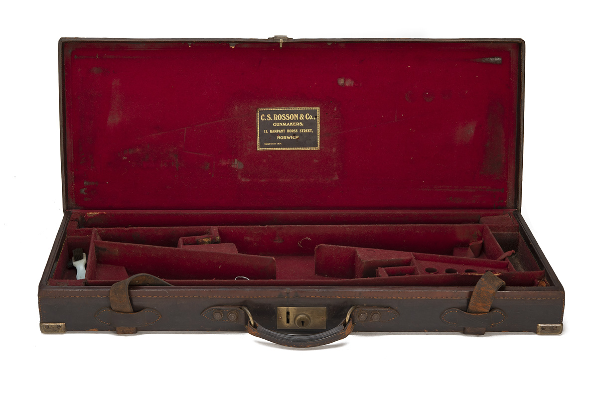 A BRASS-CORNERED LEATHER DOUBLE GUNCASE, fitted for 28in. barrels (could adapt to 30in.), the
