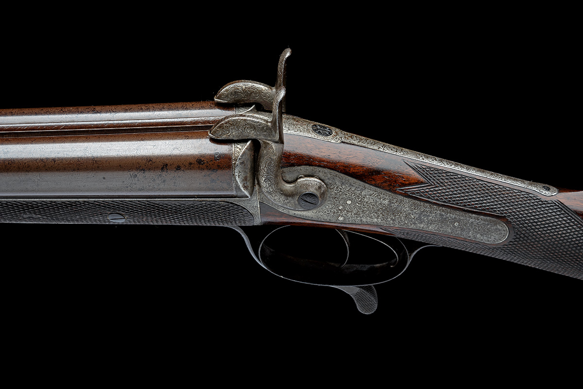 A 12-BORE PINFIRE A. ELVINS PATENT SLIDE-FORWARD DOUBLE-BARRELLED SPORTING GUN SIGNED HENRY EGG, - Image 4 of 9