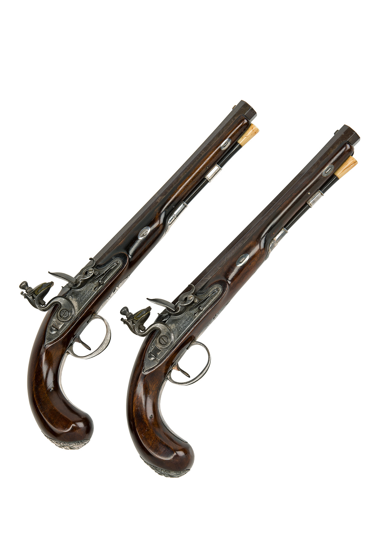 WOGDON, LONDON A PAIR OF 28-BORE FLINTLOCK SILVER-MOUNTED DUELLING PISTOLS, no visible serial