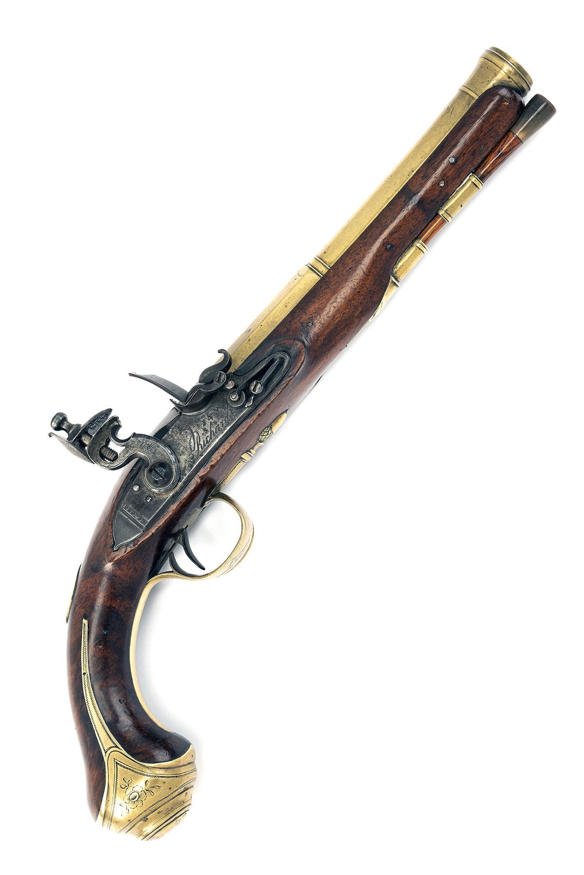 A .65 BRASS CANNON-BARRELLED FLINTLOCK HOLSTER PISTOL BY J. & W. RICHARDS, CIRCA 1808, no visible