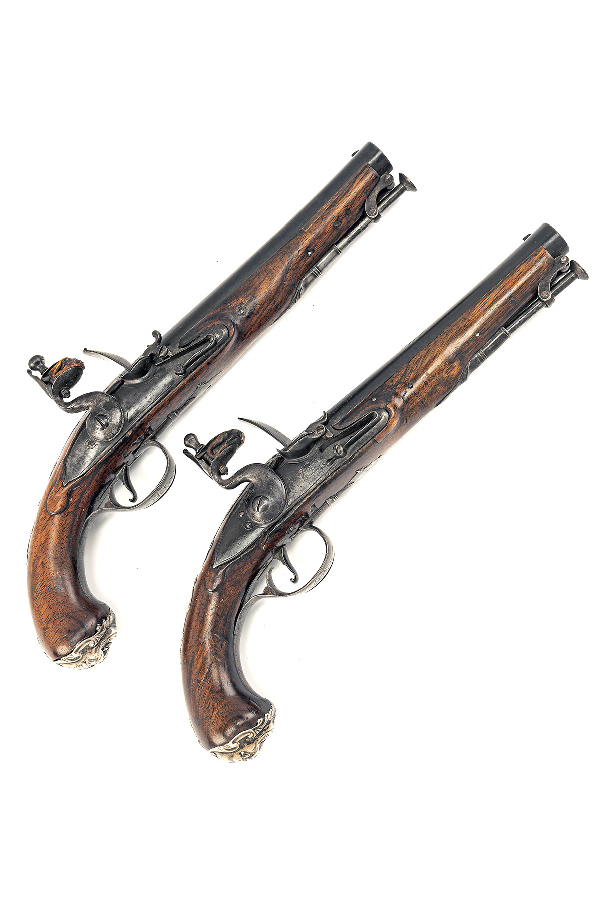 A PAIR OF SILVER-MOUNTED 22-BORE FLINTLOCK HOLSTER PISTOLS SIGNED GRIFFIN, LONDON, no visible serial