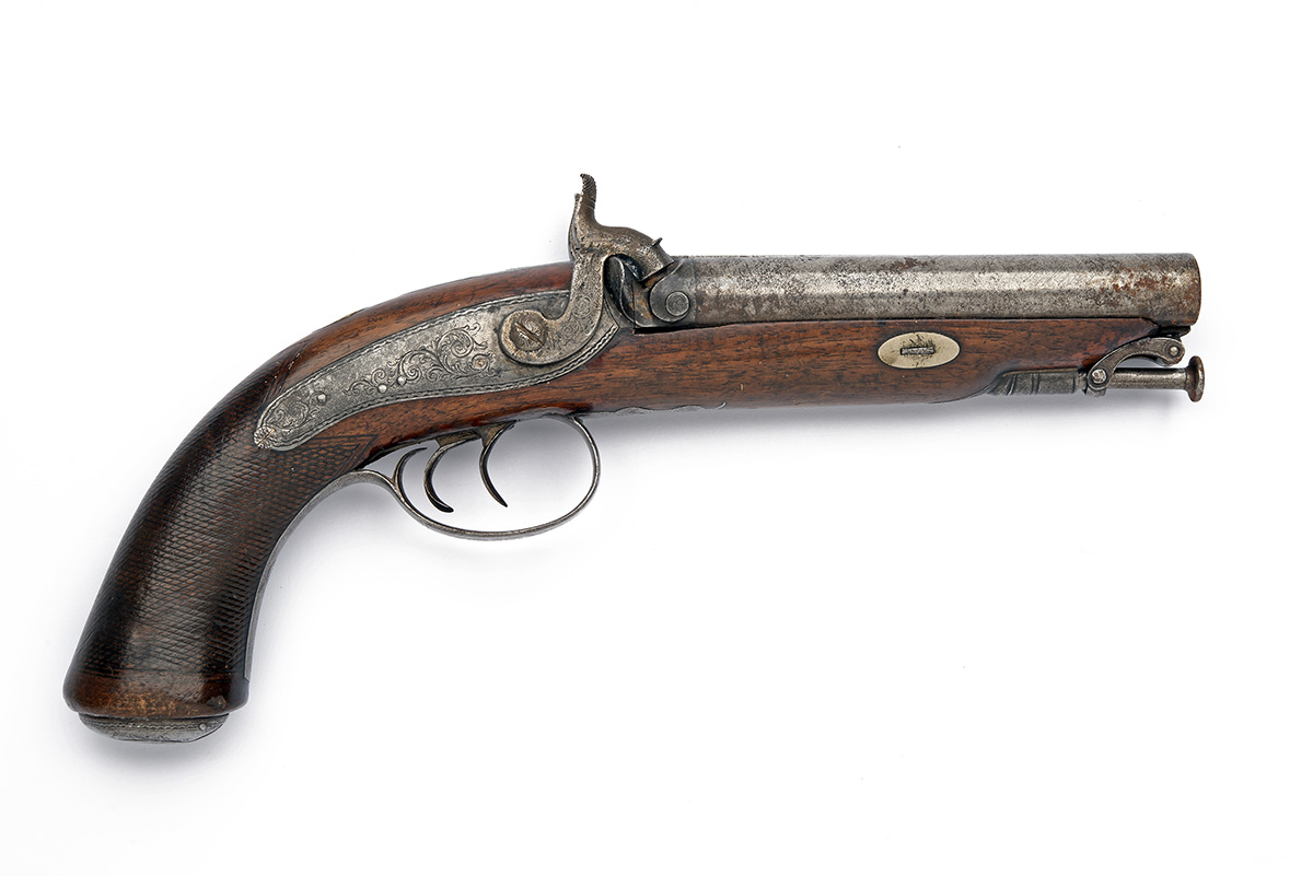A 20-BORE PERCUSSION DOUBLE-BARRELLED TRAVELLING PISTOL SIGNED LONDON, no visible serial number, - Image 2 of 4