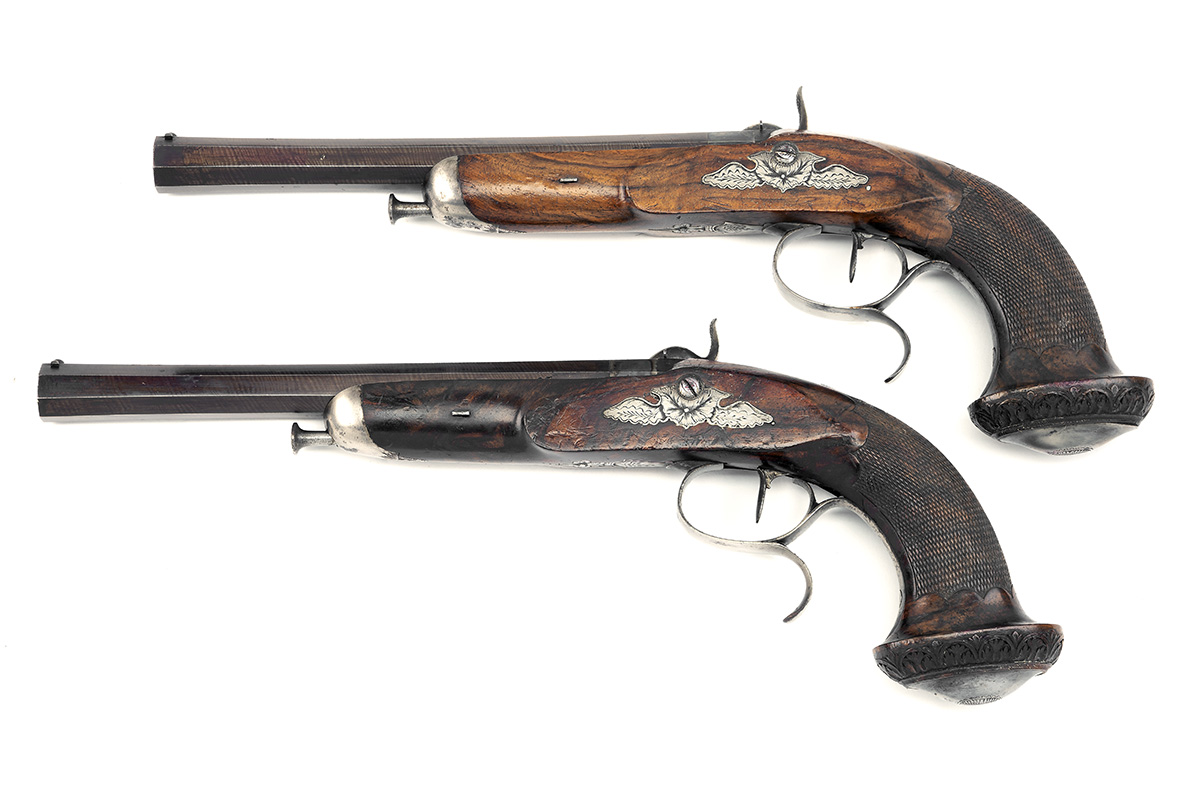 A CASED PAIR OF 28-BORE PERCUSSION RIFLED OFFICER'S or TARGET PISTOLS BY LE PAGE, PARIS, no - Image 3 of 9
