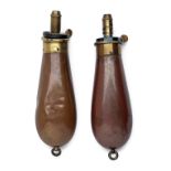 A PAIR OF BETTER BAG-SHAPED REVOLVER POWDER FLASKS BY DIXON, both with graduated spouts marked '