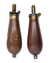 A PAIR OF BETTER BAG-SHAPED REVOLVER POWDER FLASKS BY DIXON, both with graduated spouts marked '