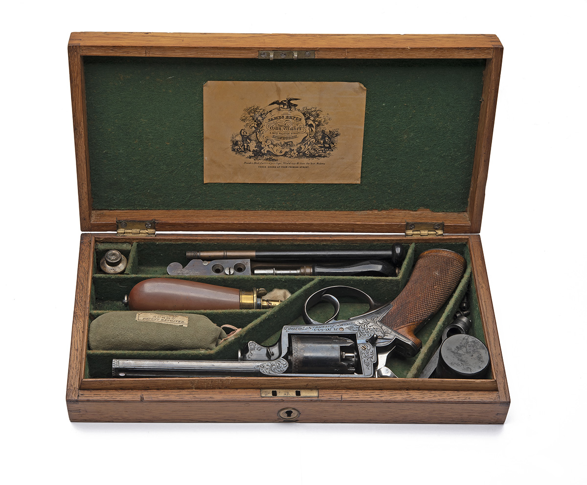 A GOOD CASED AND ENGRAVED 54-BORE PERCUSSION BEAUMONT ADAMS PATENT REVOLVER, serial no. 26198R,