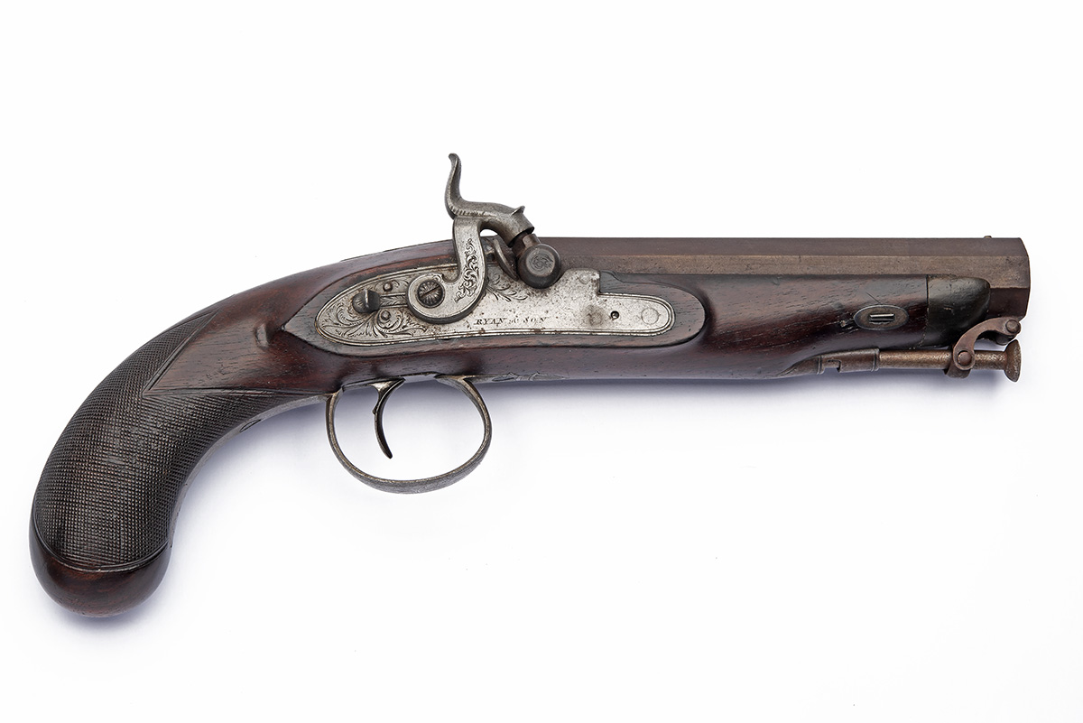 A .650 PERCUSSION OVERCOAT PISTOL SIGNED RYAN & SON, no visible serial number, circa 1810 with later