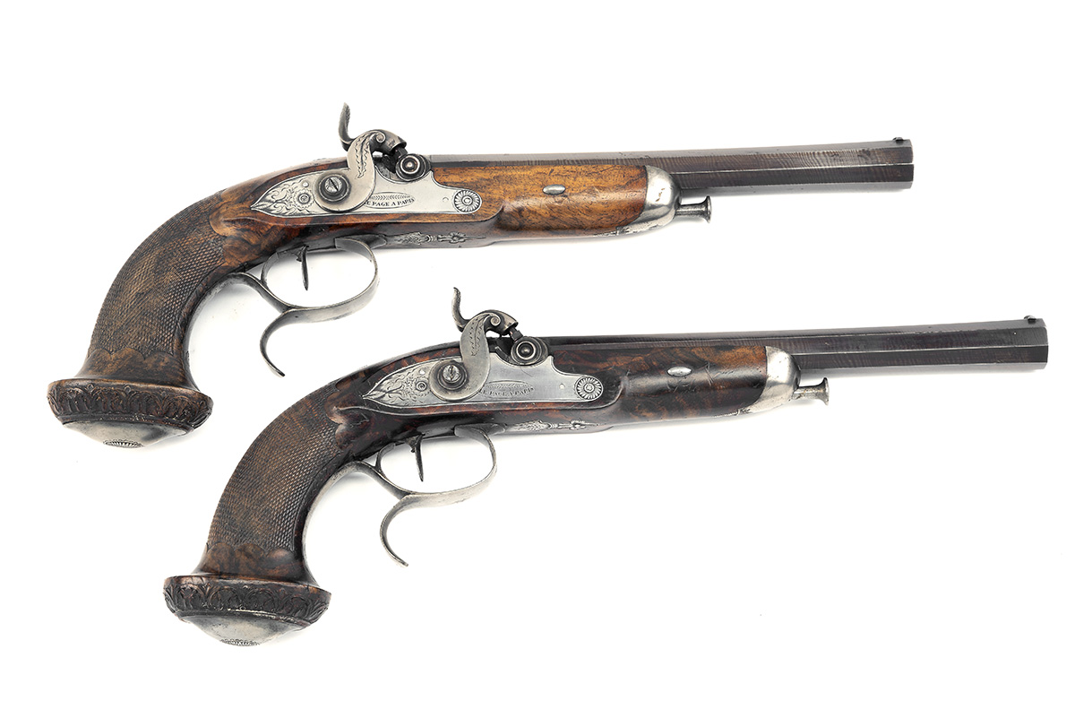 A CASED PAIR OF 28-BORE PERCUSSION RIFLED OFFICER'S or TARGET PISTOLS BY LE PAGE, PARIS, no - Image 2 of 9