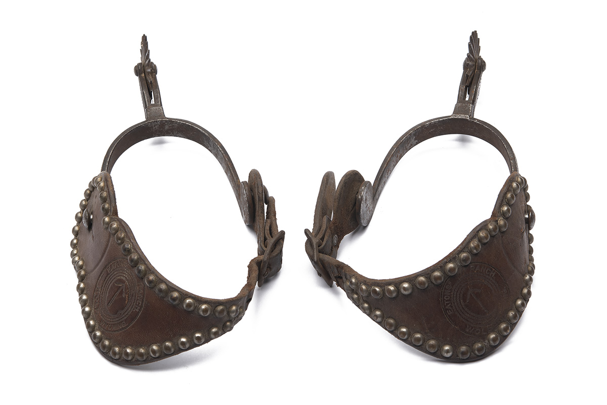 A RARE 'ROCKY MOUNTAIN' PAIR OF RIDING SPURS WITH STRAPS MARKED 'EATONS' RANCH' WOLF WYOMING, - Image 3 of 3