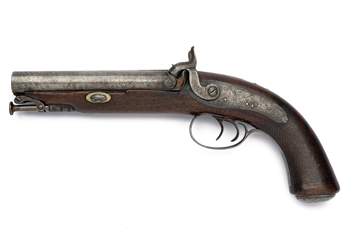 A 20-BORE PERCUSSION DOUBLE-BARRELLED TRAVELLING PISTOL SIGNED LONDON, no visible serial number,