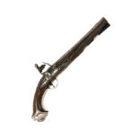 A SILVER-MOUNTED 14-BORE FLINTLOCK HOLSTER PISTOL SIGNED J WATERS, DUBLIN, no visible serial number,