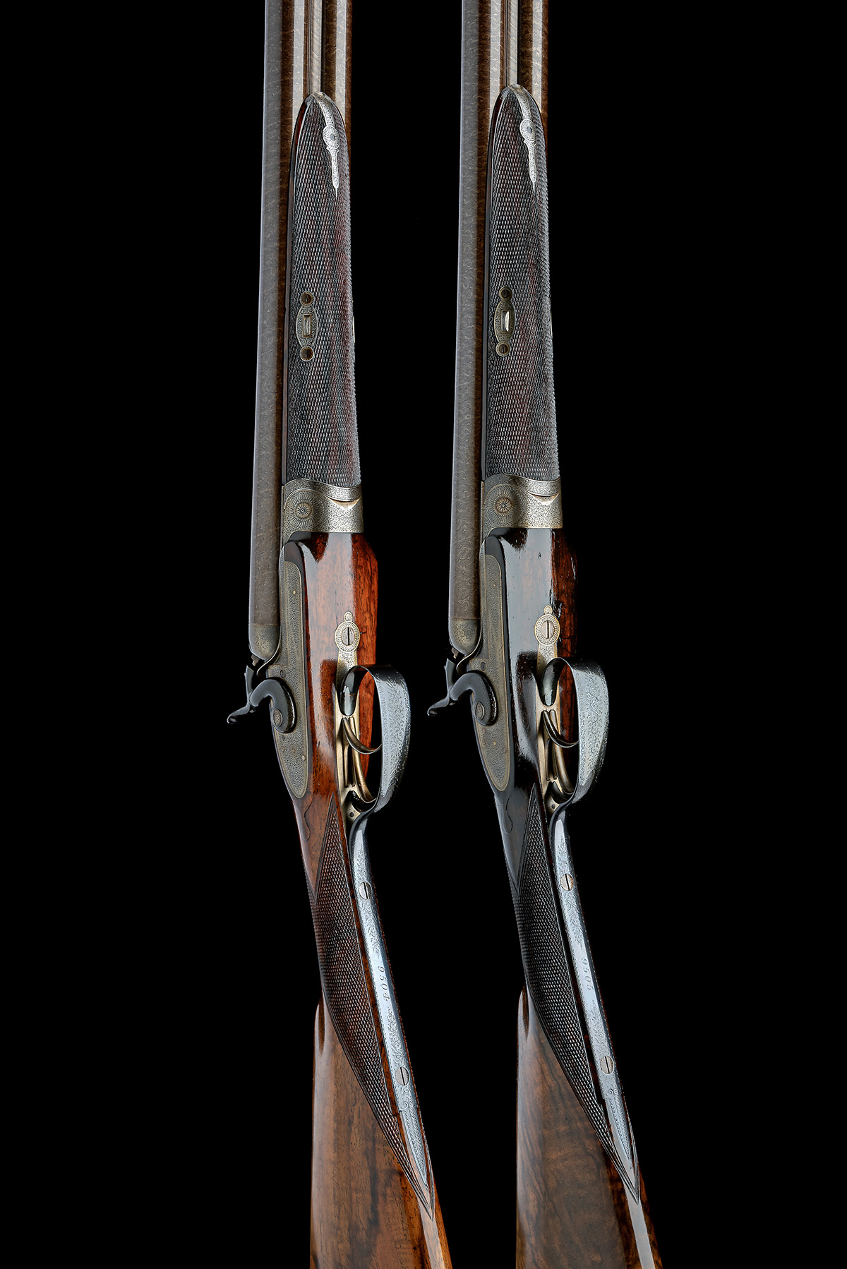 J. PURDEY A PAIR OF 12-BORE BAR-IN-WOOD TOPLEVER HAMMERGUNS, serial no. 9504 / 5, for 1876, 30in. - Bild 3 aus 4