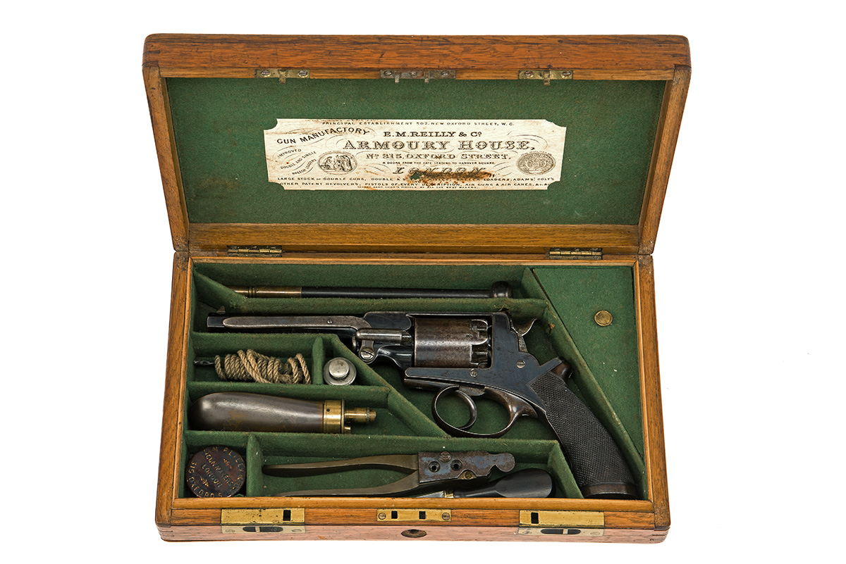 A CASED 54-BORE BEAUMONT ADAMS DOUBLE ACTION PERCUSSION REVOLVER RETAILED BY E. M. REILLY, serial