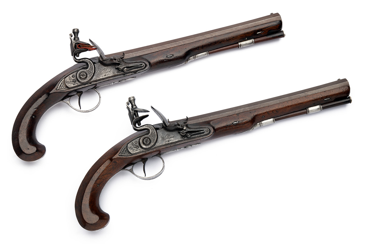 A FINE CASED PAIR OF 20-BORE FLINTLOCK DUELLING PISTOLS SIGNED WALLACE, DUBLIN, no visible serial - Image 2 of 10