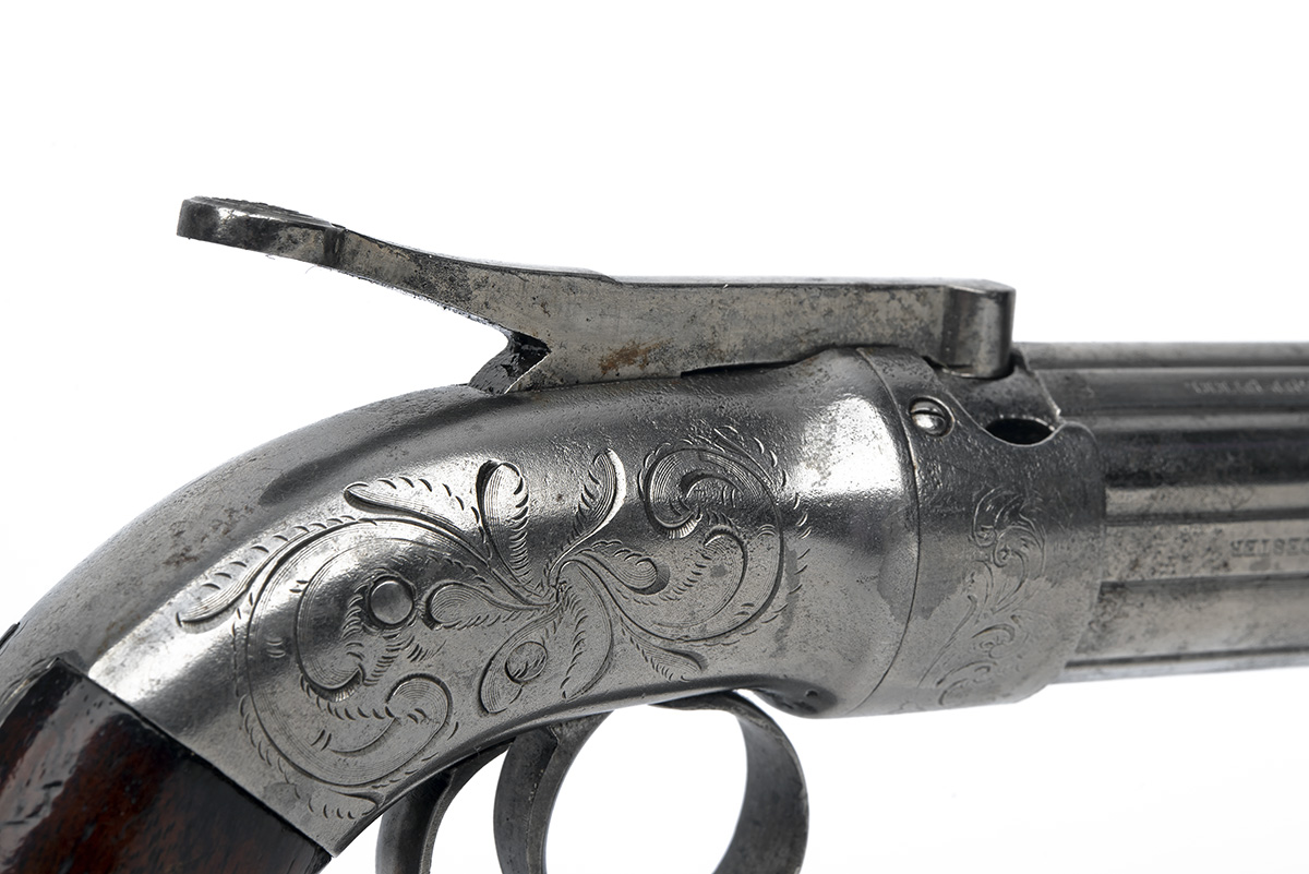 A SCARCE .28 PERCUSSION SINGLE-ACTION PEPPERBOX REVOLVER SIGNED STOCKING & CO., serial no B67, circa - Image 4 of 4