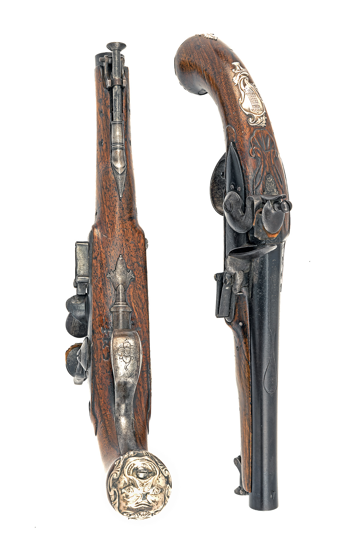 A PAIR OF SILVER-MOUNTED 22-BORE FLINTLOCK HOLSTER PISTOLS SIGNED GRIFFIN, LONDON, no visible serial - Image 3 of 4