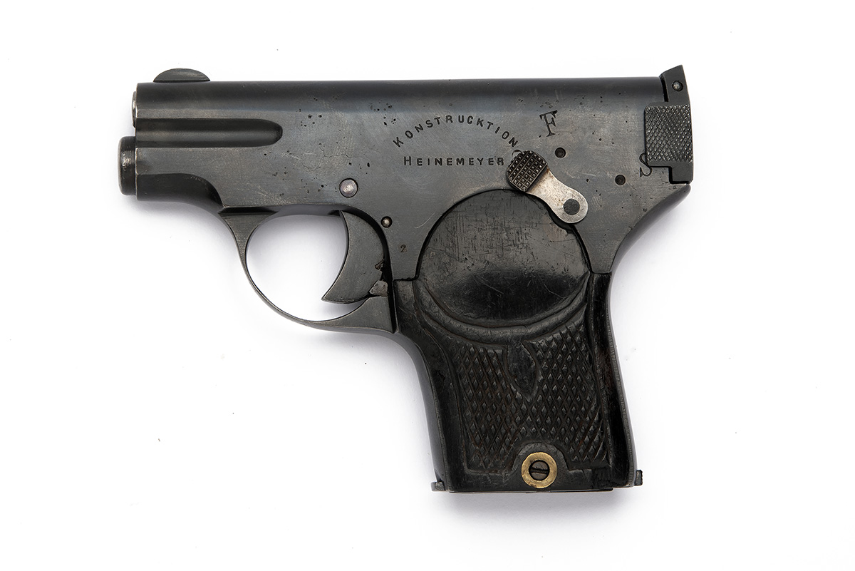 A RARE 5mm CLEMENT SEMI-AUTOMATIC POCKET PISTOL SIGNED HEINEMEYER, serial no. 2, similar to a Le