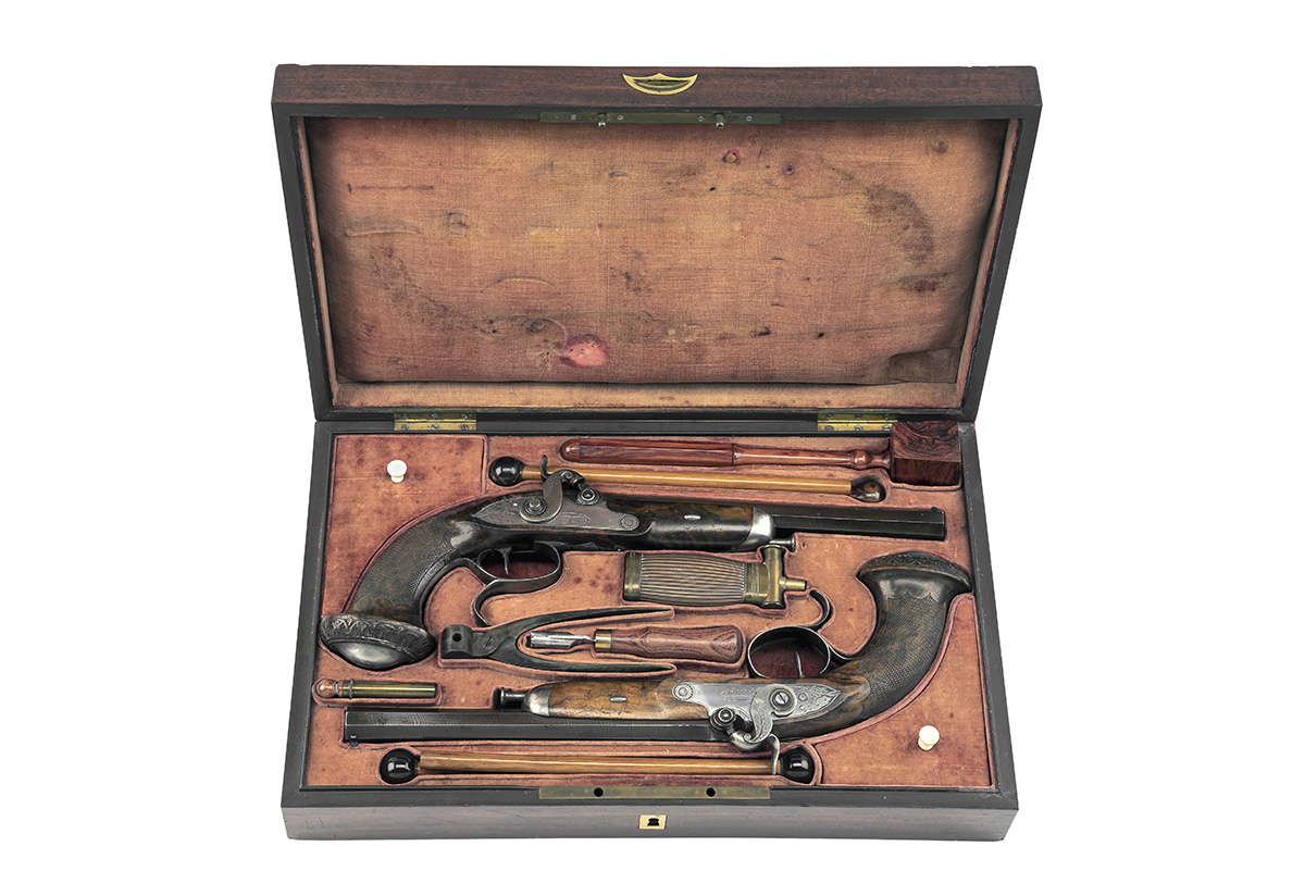 A CASED PAIR OF 28-BORE PERCUSSION RIFLED OFFICER'S or TARGET PISTOLS BY LE PAGE, PARIS, no