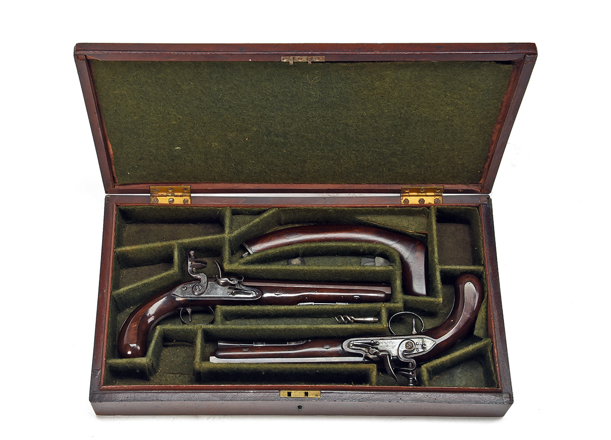 WOGDON & BARTON, LONDON A CASED PAIR OF 28-BORE FLINTLOCK OFFICER'S PISTOLS OF DUELLING STYLE WITH A - Image 8 of 9