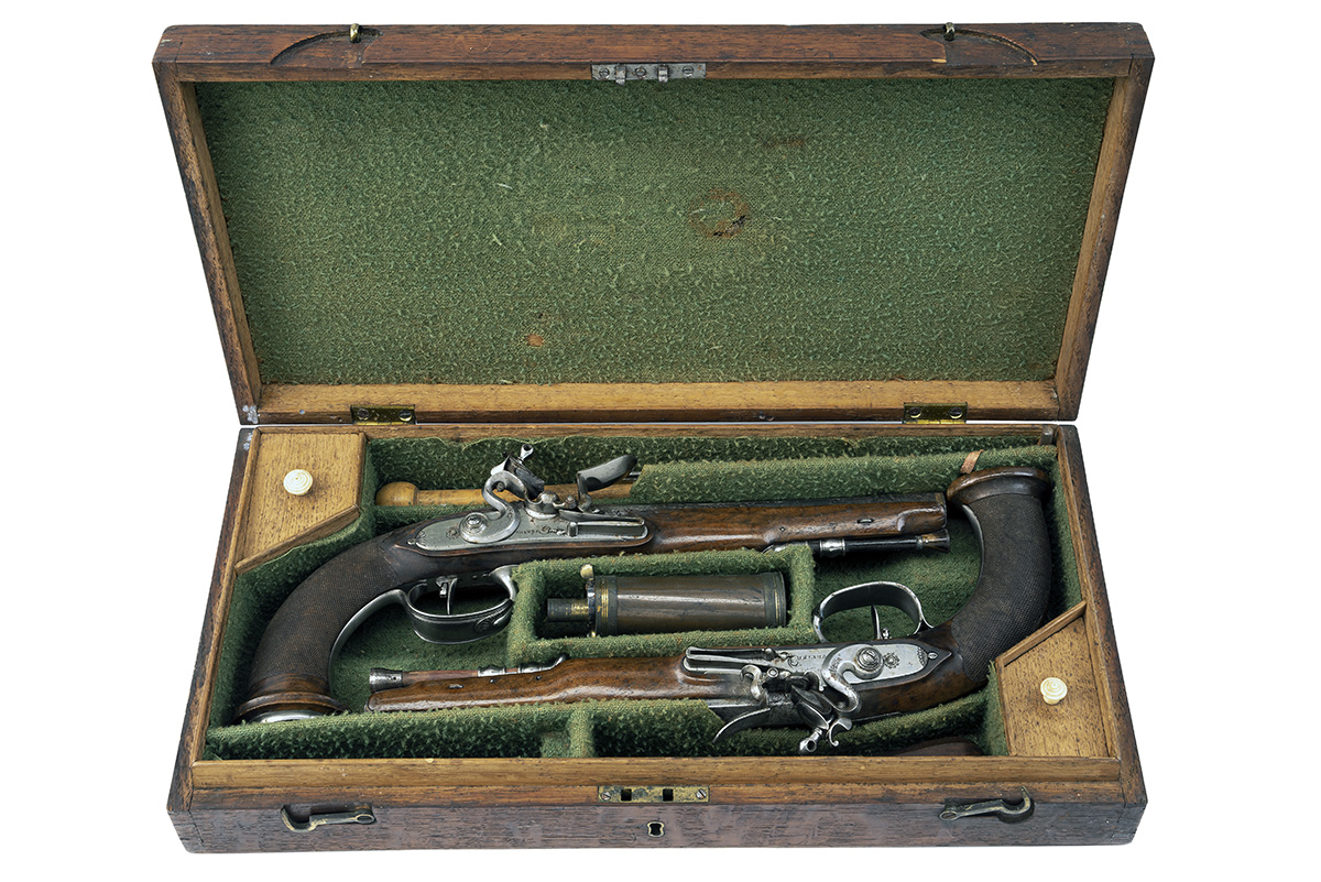 A GOOD CASED PAIR OF 22-BORE FLINTLOCK FRENCH RIFLED OFFICER'S PISTOLS SIGNED 'HURTIER', no