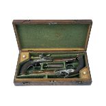 A GOOD CASED PAIR OF 22-BORE FLINTLOCK FRENCH RIFLED OFFICER'S PISTOLS SIGNED 'HURTIER', no