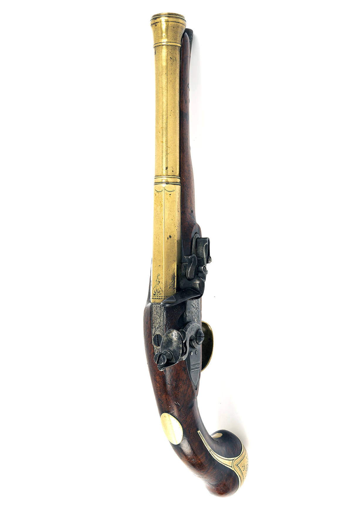 A .65 BRASS CANNON-BARRELLED FLINTLOCK HOLSTER PISTOL BY J. & W. RICHARDS, CIRCA 1808, no visible - Image 3 of 4