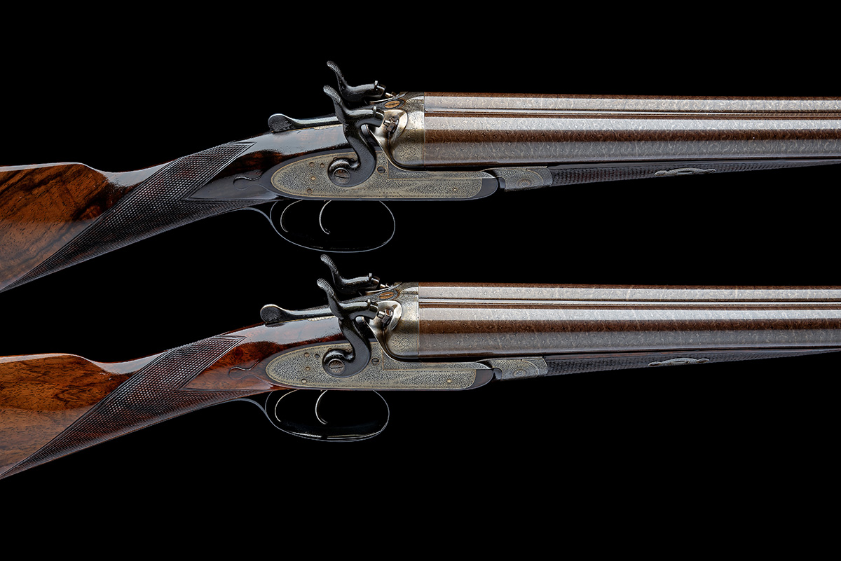 J. PURDEY A PAIR OF 12-BORE BAR-IN-WOOD TOPLEVER HAMMERGUNS, serial no. 9504 / 5, for 1876, 30in.