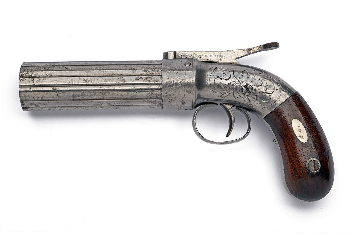 A SCARCE .28 PERCUSSION SINGLE-ACTION PEPPERBOX REVOLVER SIGNED STOCKING & CO., serial no B67, circa - Image 2 of 4
