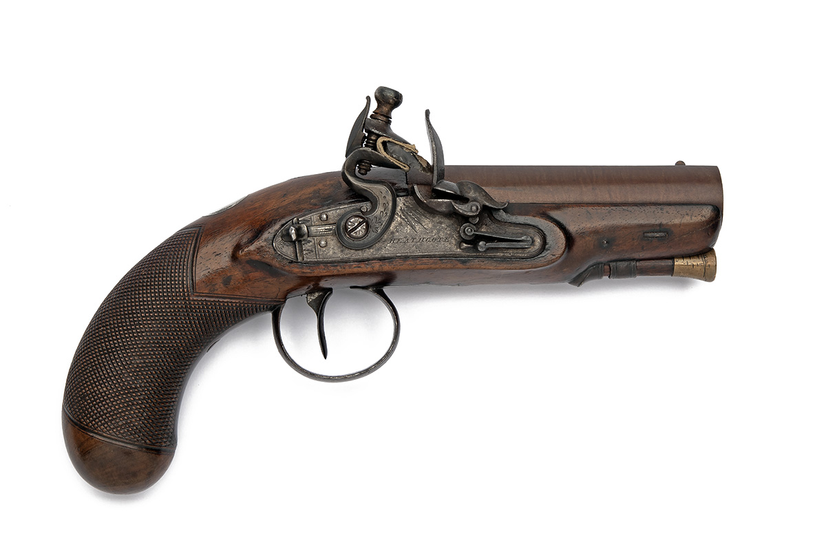AN 18-BORE FLINTLOCK OVERCOAT PISTOL SIGNED HEATHCOTE, no visible serial number, circa 1810, with