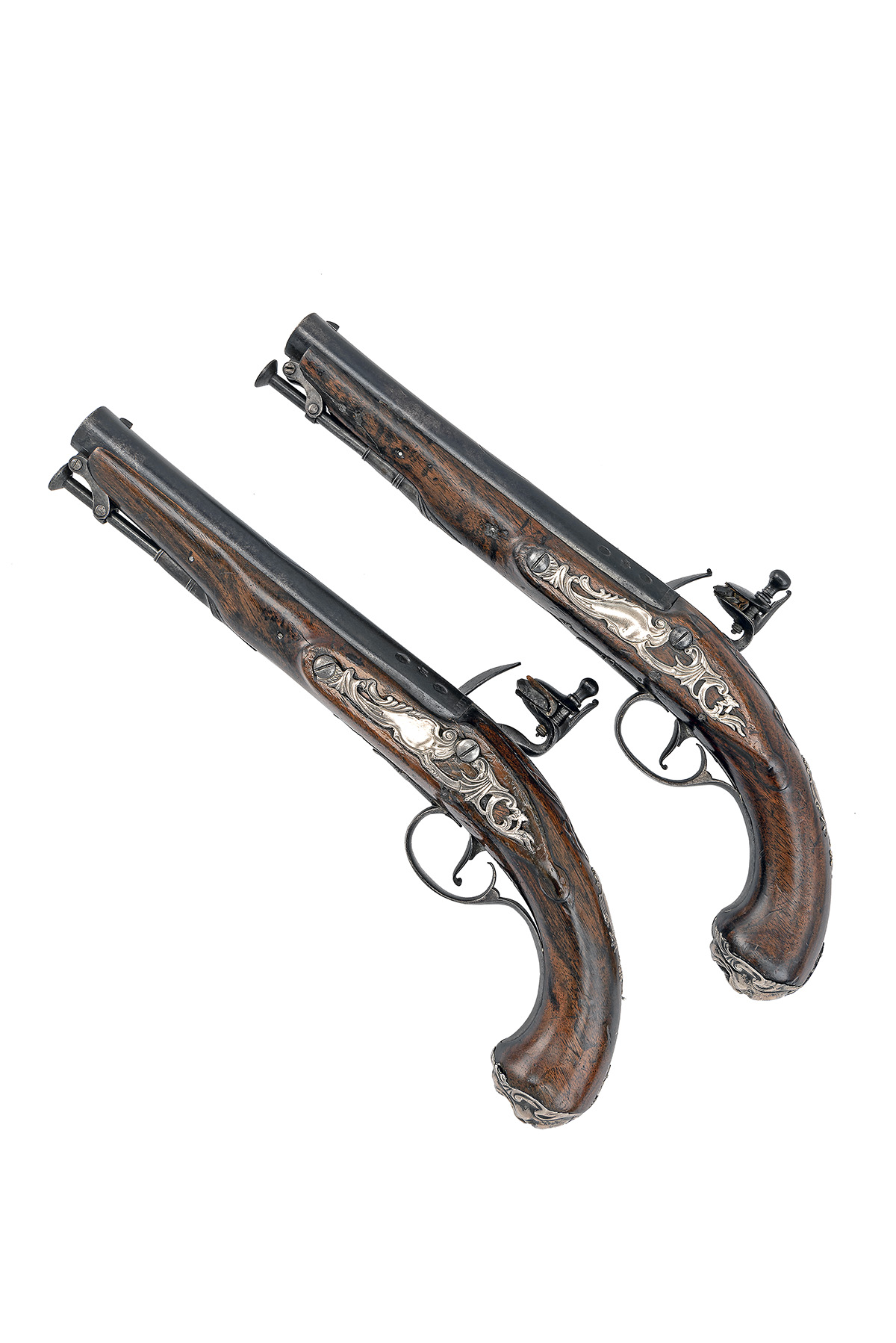 A PAIR OF SILVER-MOUNTED 22-BORE FLINTLOCK HOLSTER PISTOLS SIGNED GRIFFIN, LONDON, no visible serial - Image 2 of 4