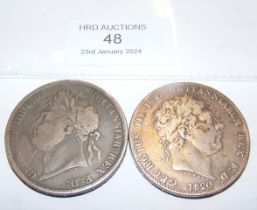 A George III and a George IV silver crown, 1820 an
