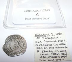 An Elizabeth I silver three pence coin, 1580