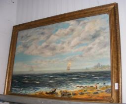 T J EDWARDS - large oil on canvas of shoreline sce