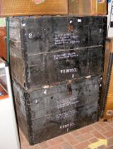 Two old wooden and metal bound trunks