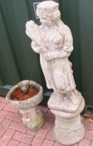 A garden birdbath, together with statue on plinth