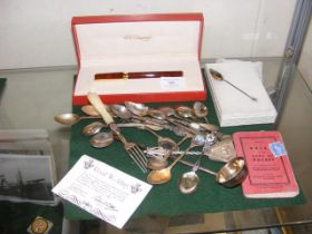 A Dupont pen, together with collectable spoons etc