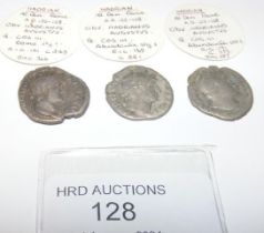 Three Roman silver coins, Hadrian (AD117-138) - ea