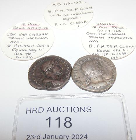 Two approx.19mm diameter Roman silver coins, Hadri