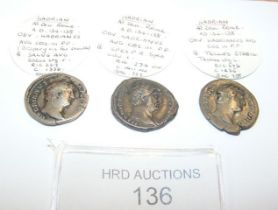 Three Roman silver coins, Hadrian (AD117-138) - 3.